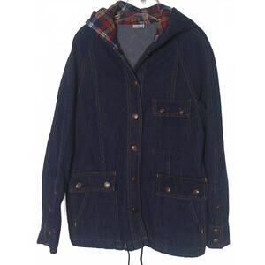 Chore Barn Coat Women's Medium Blue Red Denim Cotton Jacket Hooded Plaid Work